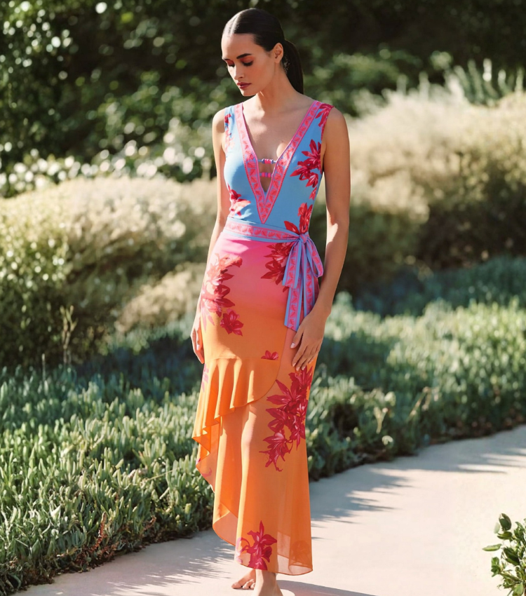 V Neck Bead Accents Blue-Pink-Orange Ombre Flower Print Swimsuit Set(s)