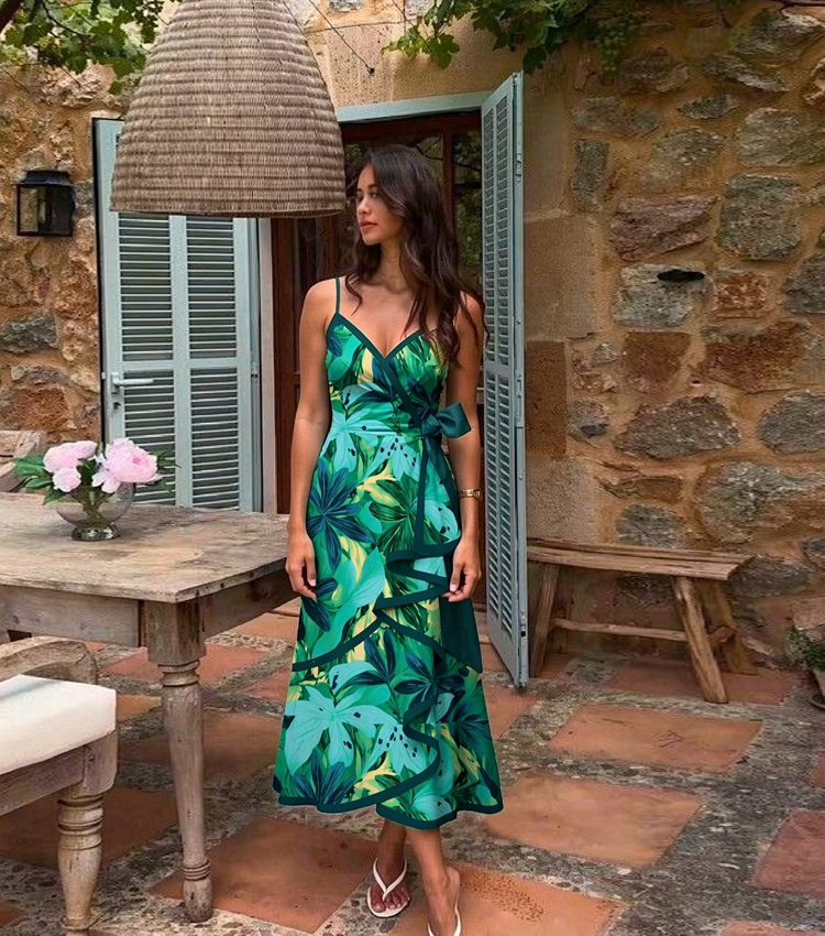 Printed Camisole Asymmetric Maxi Dress