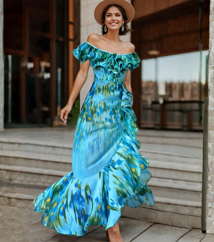 Removable Shoulder Strap Off Shoulder Ruffle Abstract Pattern Print One piece Swimsuit and Skirt