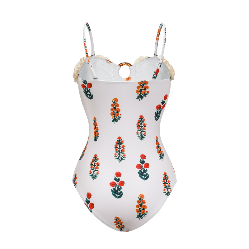 Flaxmaker Flower decor Printed One Piece Swimsuit and Sarong