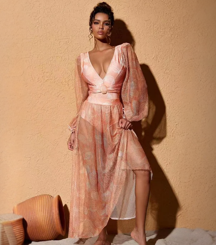 Shell Print Long Sleeve One Piece Swimsuit