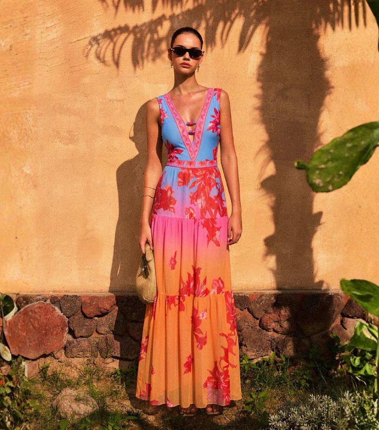 V Neck Bead Accents Blue-Pink-Orange Ombre Flower Print Swimsuit Set(s)