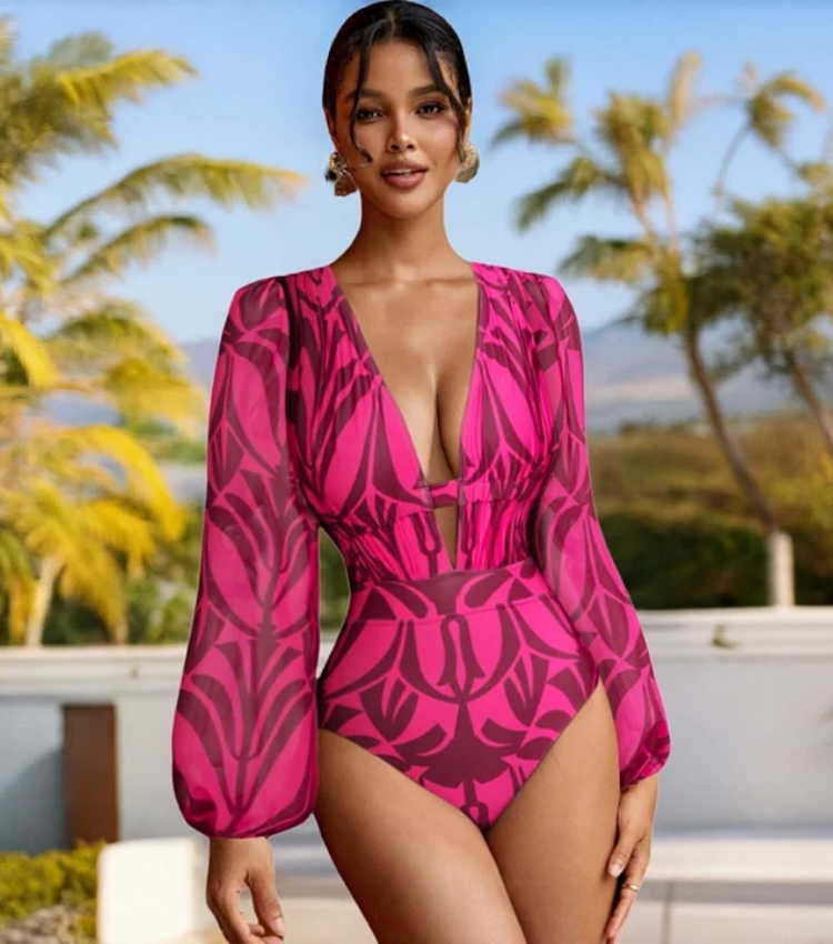 Rose Red Pattern Print Long-sleeved One Piece Swimsuit and Skirt