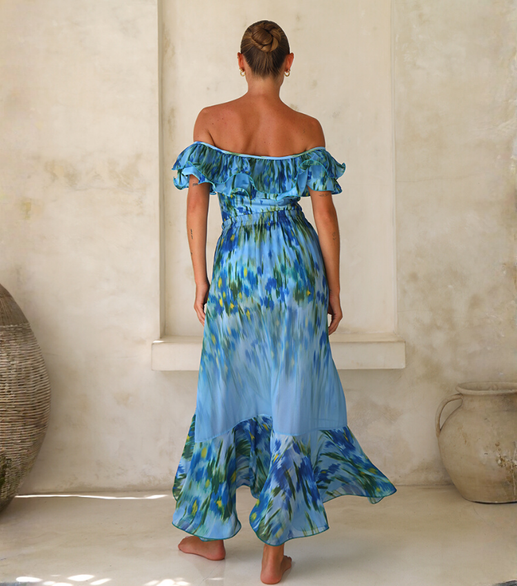 Removable Shoulder Strap Off Shoulder Ruffle Abstract Pattern Print One piece Swimsuit and Skirt