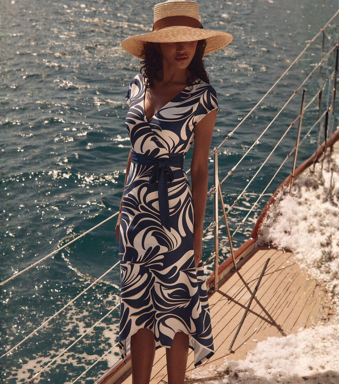 Blue Swirl Print Short Sleeve Midi Dress