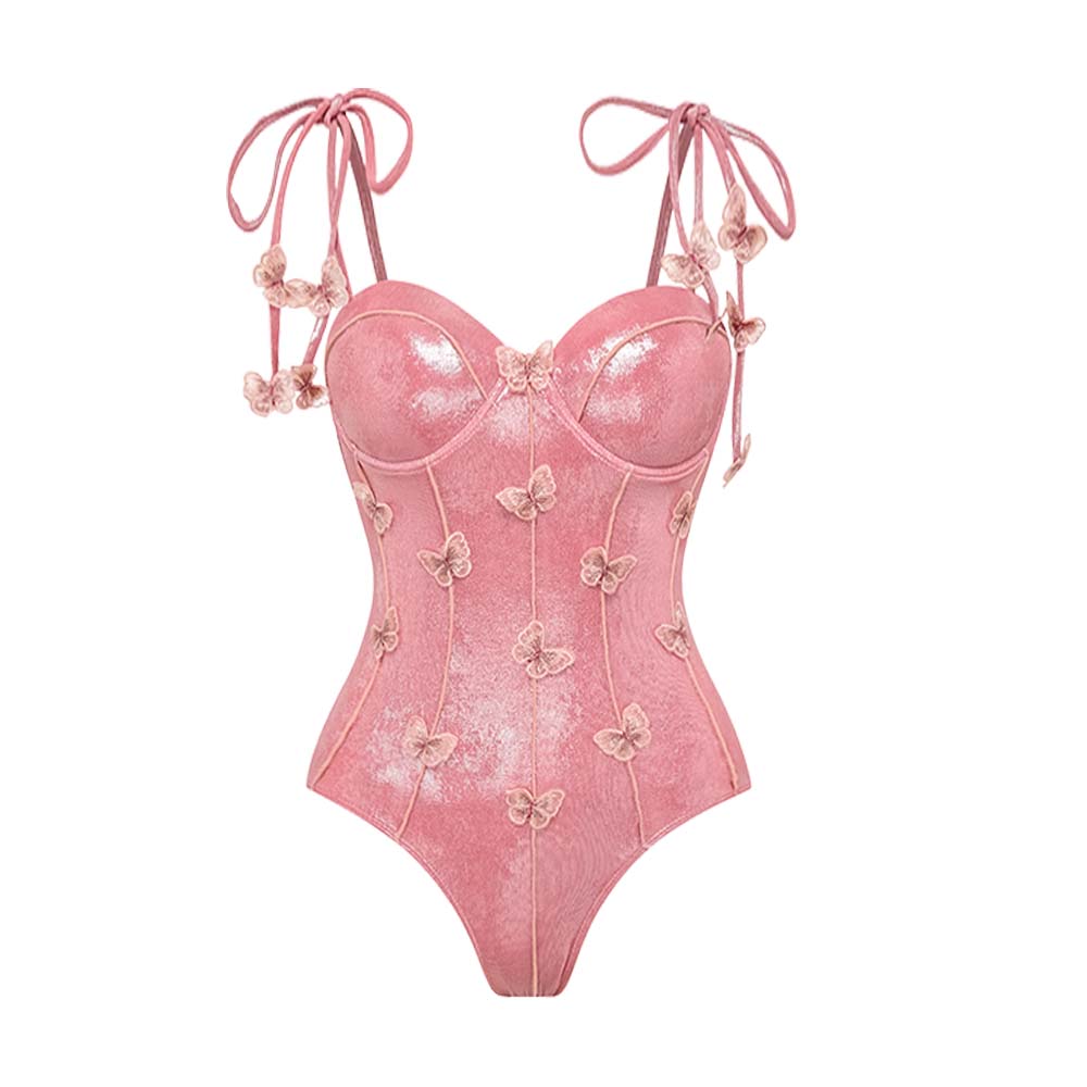Pink Shiny Embroidered Butterfly One Piece Swimsuit and Split Skirt