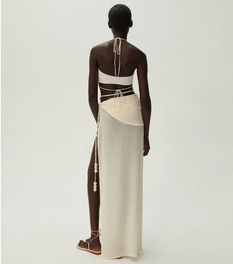 Halterneck Pearl Bandeau High Waist Bikini Swimsuit and Sarong