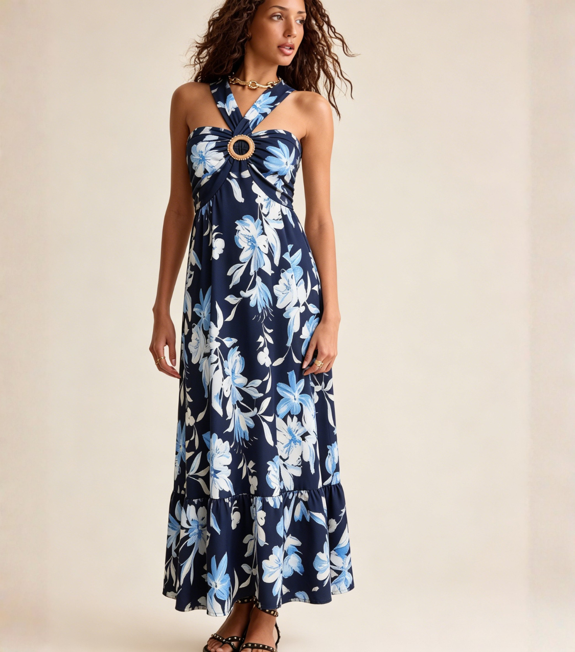 Blue Floral Halter Tiered Maxi Dress