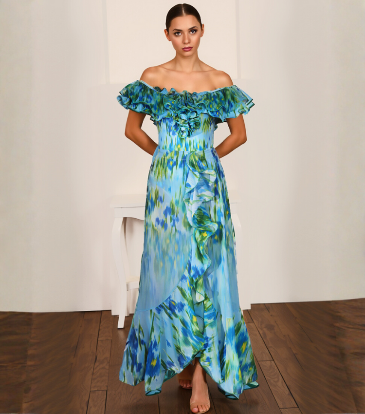 Removable Shoulder Strap Off Shoulder Ruffle Abstract Pattern Print One piece Swimsuit and Skirt