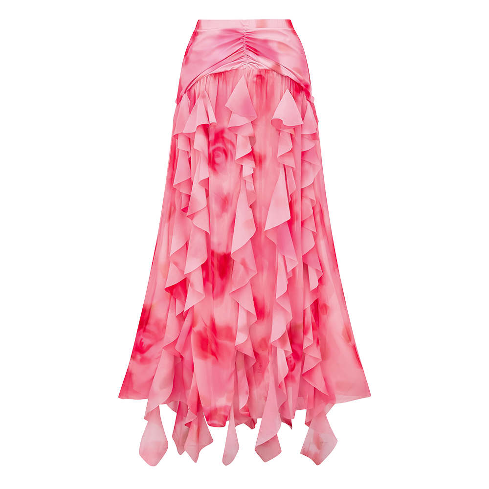 Pink Flower-dyed Halter Neck One Piece Swimsuit and Skirt