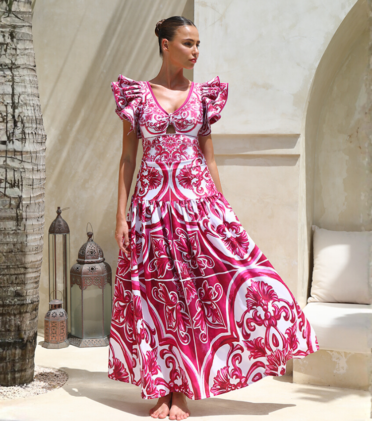 Classic Majolica Series Pattern Print One Piece Swimsuit and Skirt or Shorts