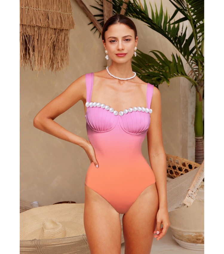 Sling Artificial Pearl Decor Color Block One Piece Swimsuit and Skirt
