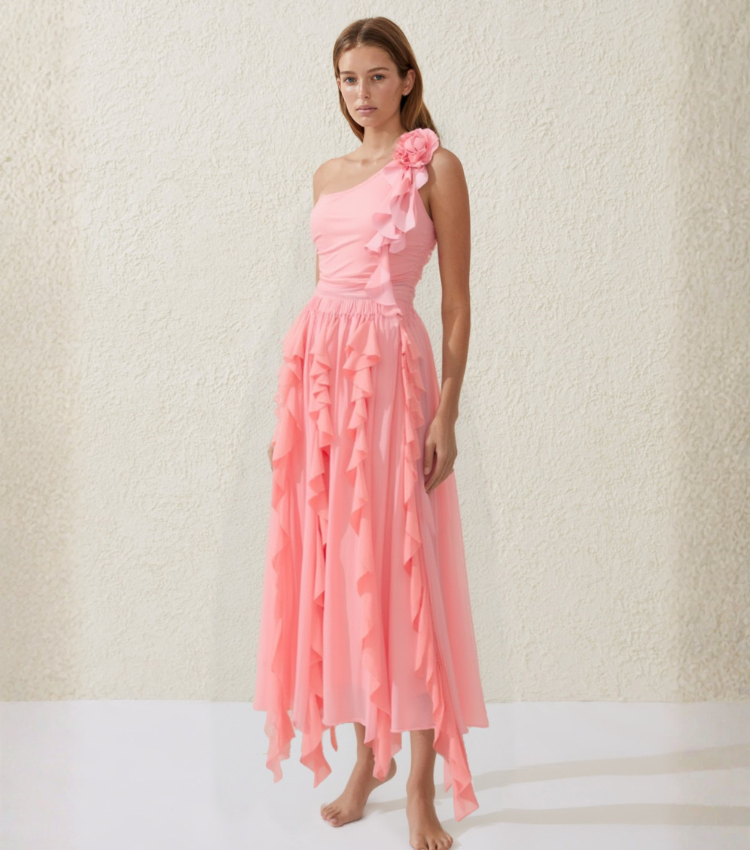 Light Coral One shoulder 3D flowers Swimsuit Set(s)