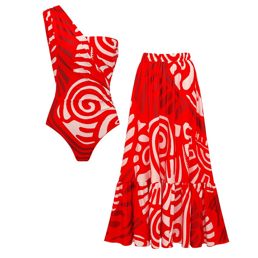 One Shoulder Red Retro Print Swimsuit Set(s)