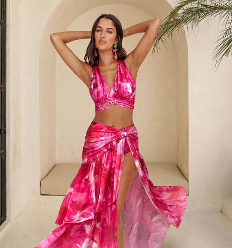 Floral Printed Halter Bikini Swimsuit and Skirt