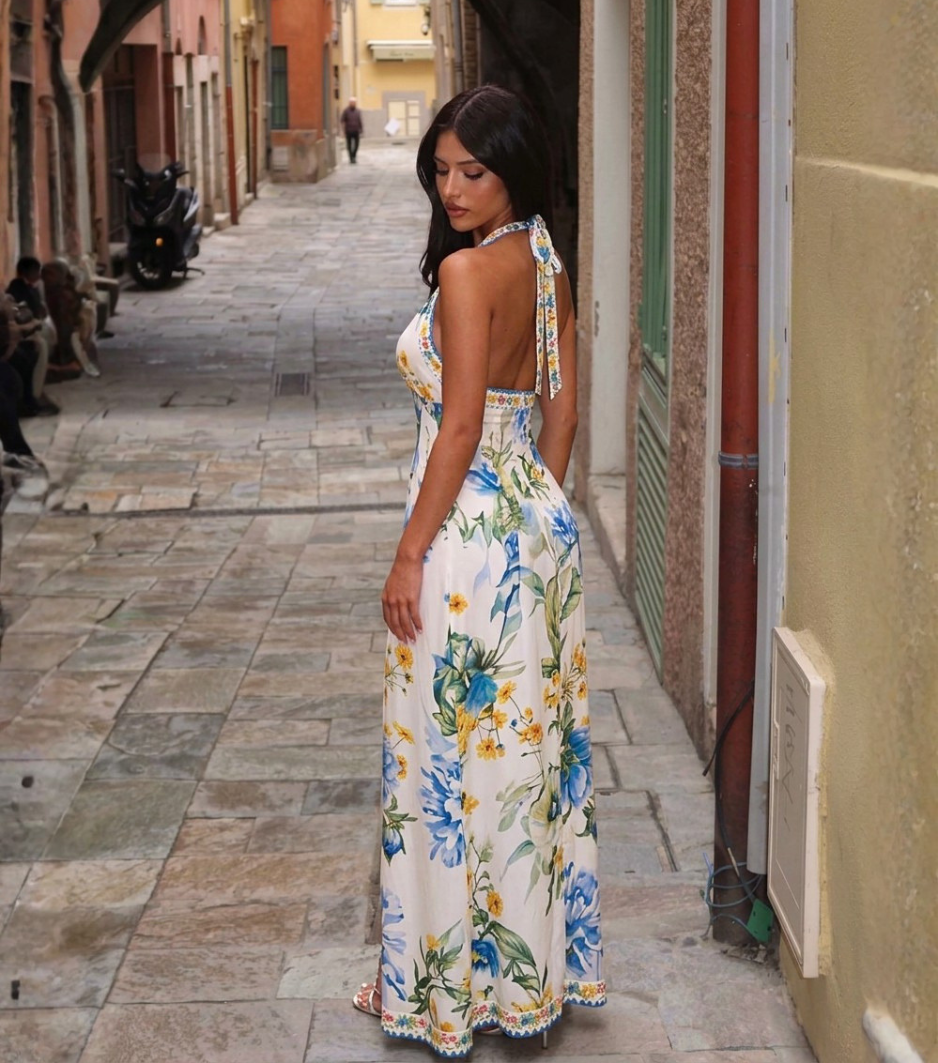 Blue Yellow Floral Halter V-Neck Tiered Maxi Dress