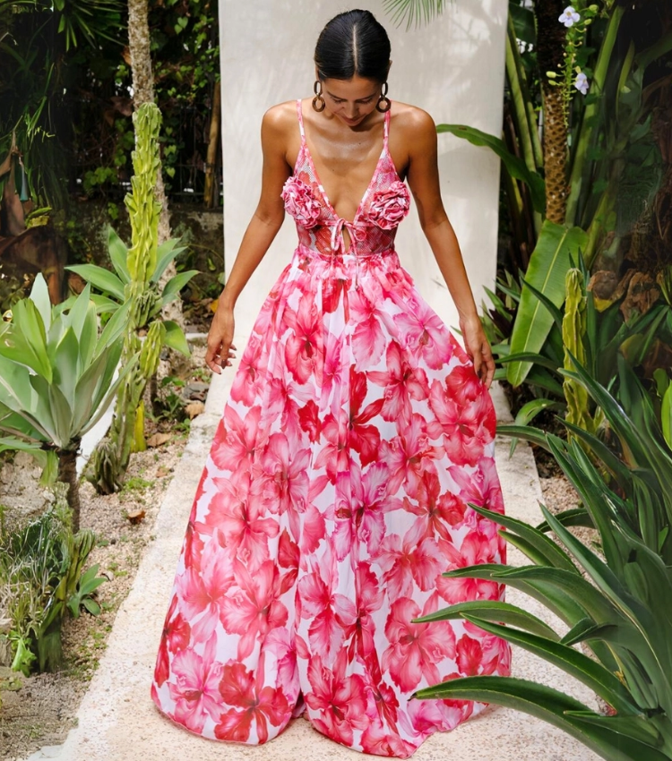 Deep V 3D Flower Decor Mesh Splicing Printed One Piece Swimsuit and Skirt