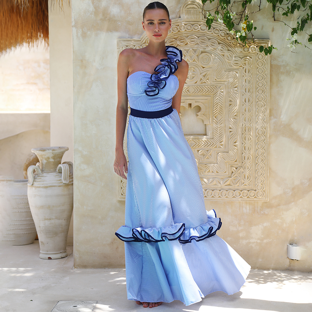 One Shoulder Ruffle Stripe Print One Piece Swimsuit and Skirt