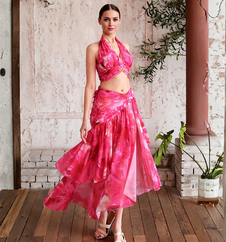 Floral Printed Halter Bikini Swimsuit and Skirt