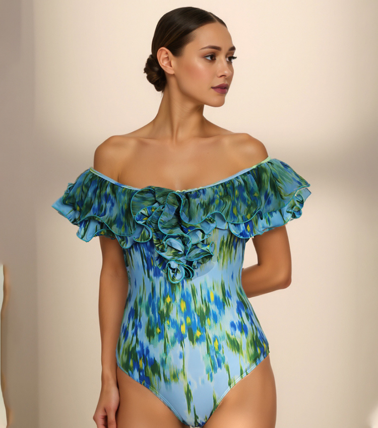 Removable Shoulder Strap Off Shoulder Ruffle Abstract Pattern Print One piece Swimsuit and Skirt