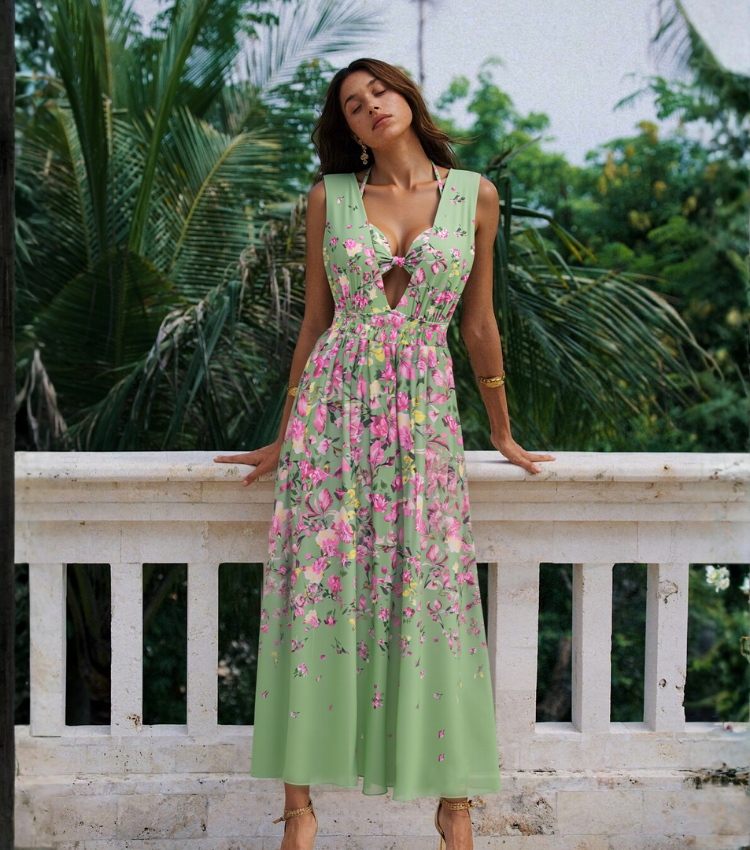 Floral Top & Plunging Ruched Swim Set and Skirt