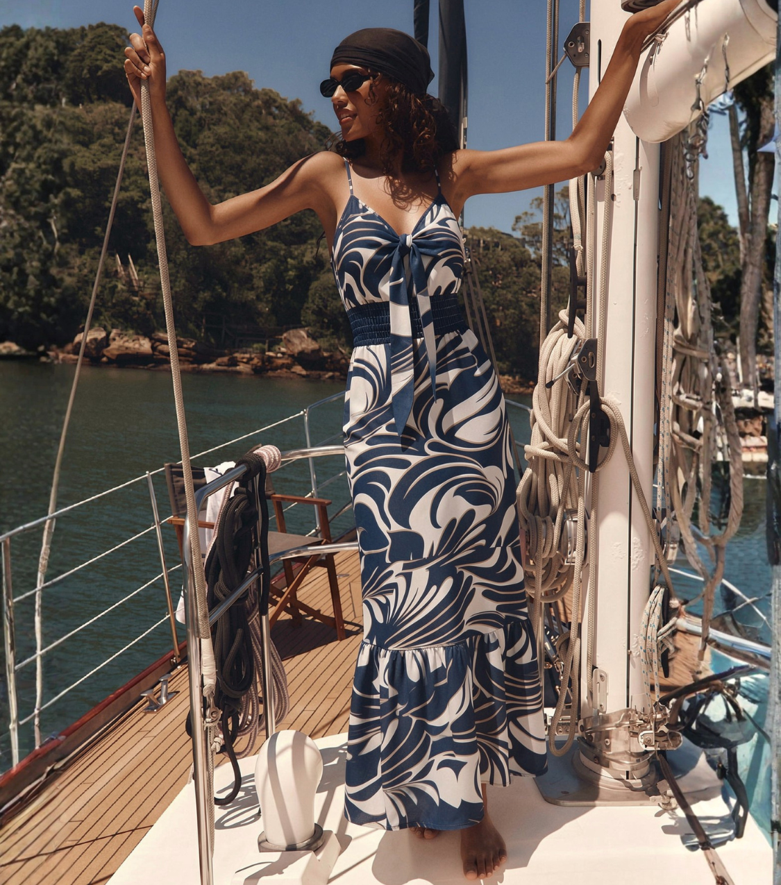 Blue Swirl Print Tie-Front Tiered Maxi Dress
