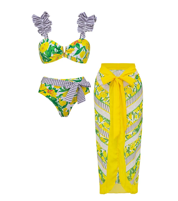 Tie Shoulder Lace Up Splicing Printed High Waist Bikini Swimsuit and Skirt