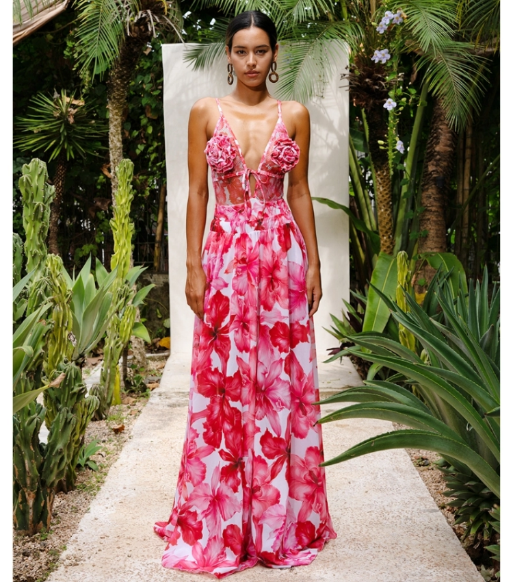 Deep V 3D Flower Decor Mesh Splicing Printed One Piece Swimsuit and Skirt