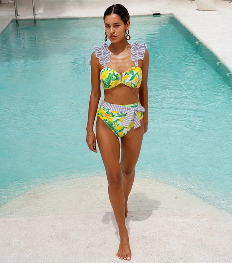 Tie Shoulder Lace Up Splicing Printed High Waist Bikini Swimsuit and Skirt
