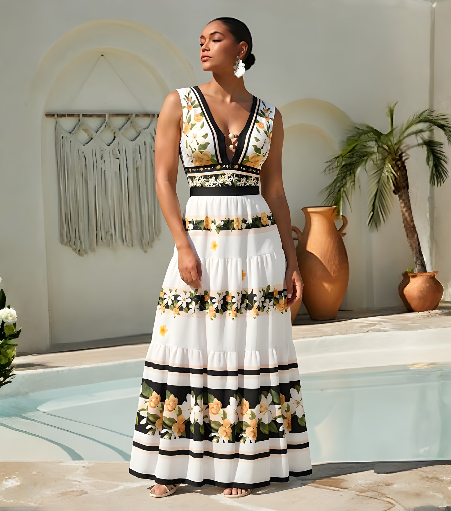 [Copy]V Neck Bead Accents Blue-Pink-Orange Ombre Flower Print Swimsuit Set(s)