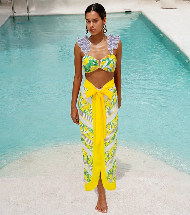 Tie Shoulder Lace Up Splicing Printed High Waist Bikini Swimsuit and Skirt