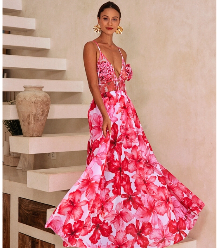 Deep V 3D Flower Decor Mesh Splicing Printed One Piece Swimsuit and Skirt