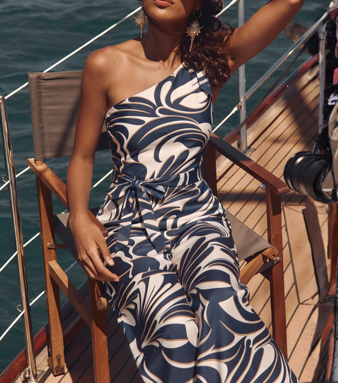 Blue Swirl Print One-Shoulder Belted Jumpsuit