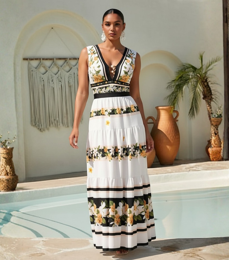 [Copy]V Neck Bead Accents Blue-Pink-Orange Ombre Flower Print Swimsuit Set(s)