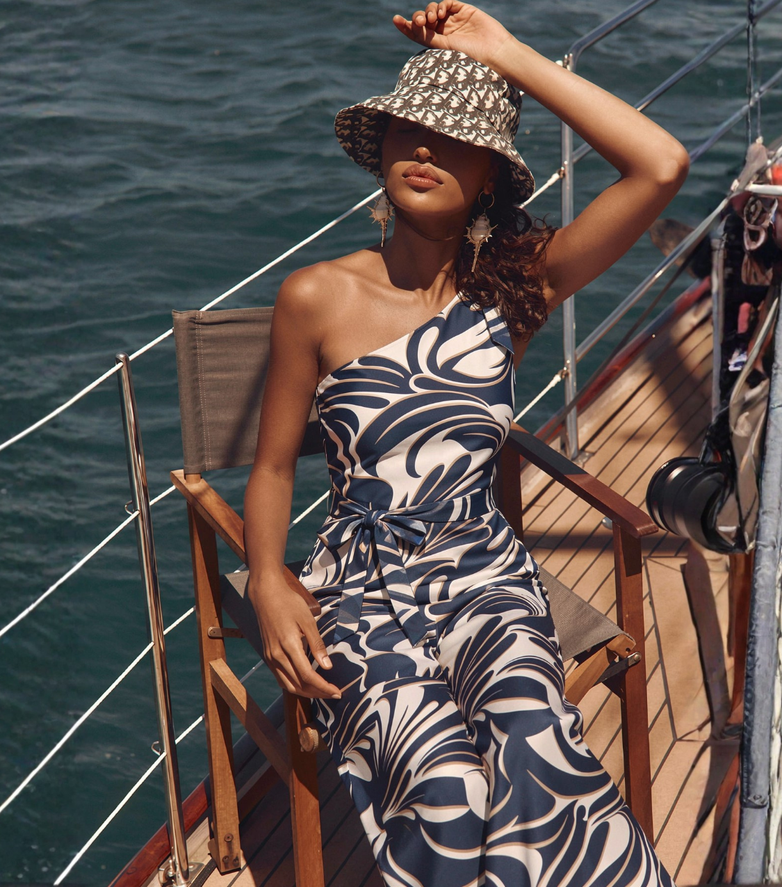 Blue Swirl Print One-Shoulder Belted Jumpsuit