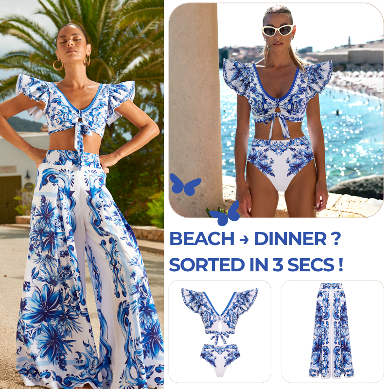 Ruffle V Neck Blue Majolica Print High Waist Bikini Swimsuit and Skirt or Pants