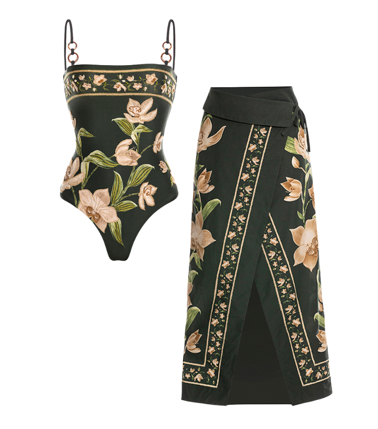 Flower Printed One Piece Swimsuit and Sarong