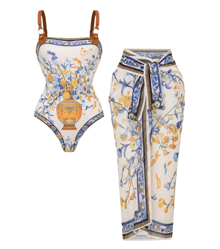 Porcelain Print Leather Straps One Piece Swimsuit and Sarong