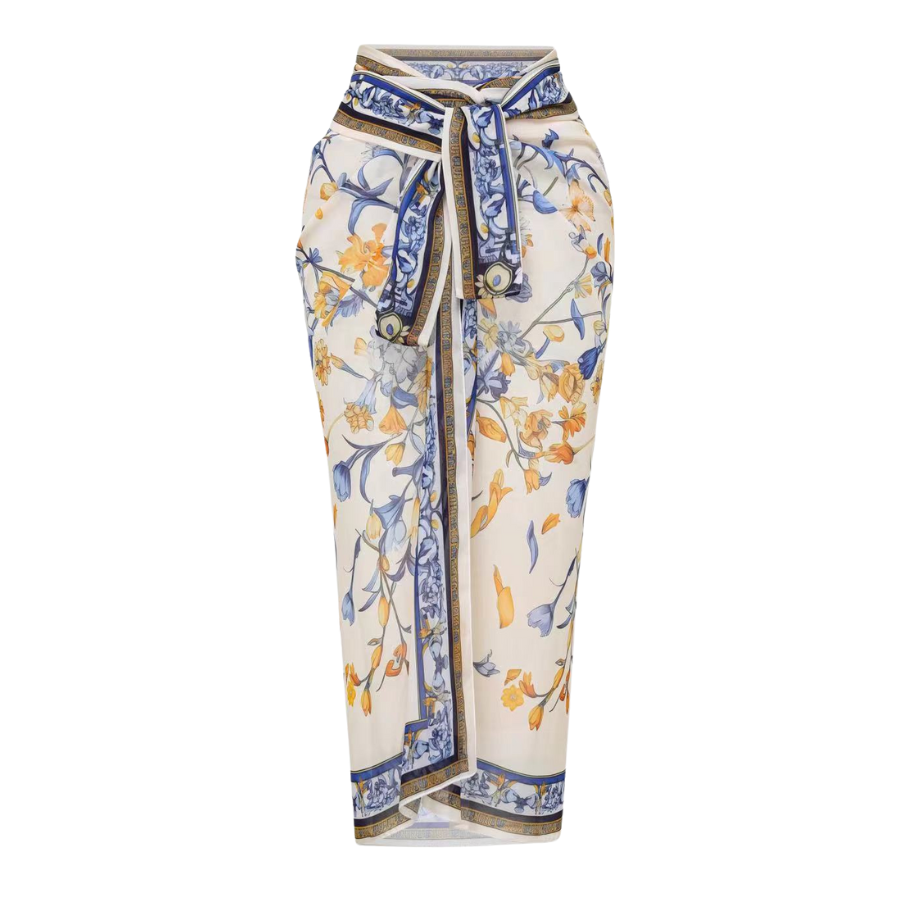 Porcelain Print Leather Straps One Piece Swimsuit and Sarong