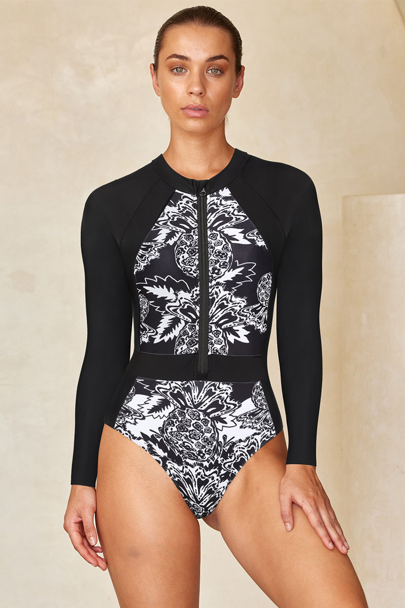 Color Block Printed Long Sleeve One Piece Surf Swimsuit and Skirt