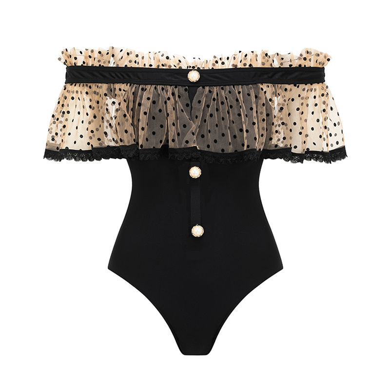 Off Shoulder Ruffle Dot Printed One Piece Swimsuit and Skirt Flaxmaker