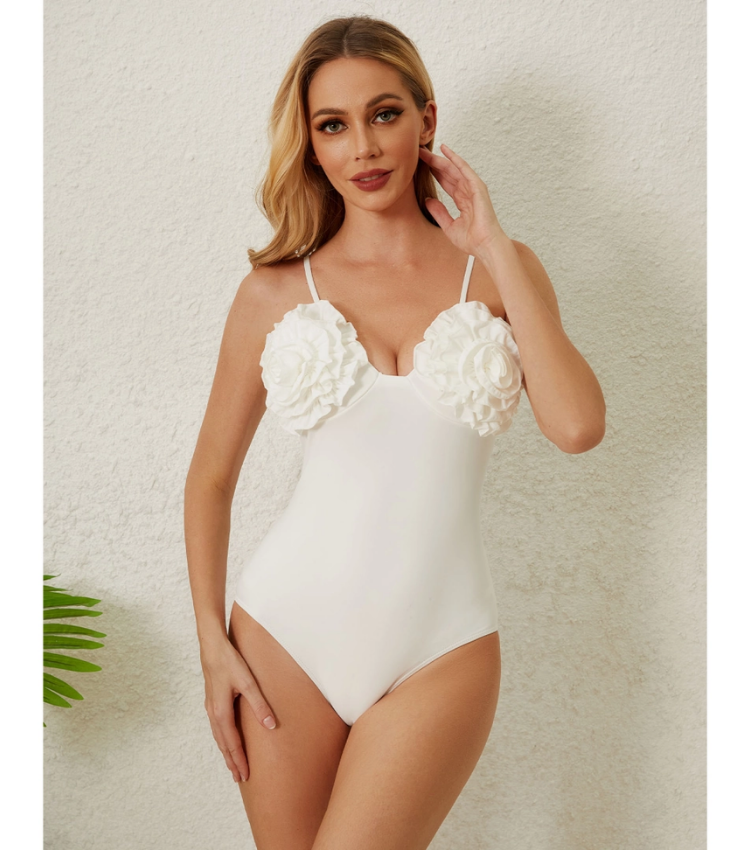 3D Flower White One Piece Swimsuit Flaxmaker