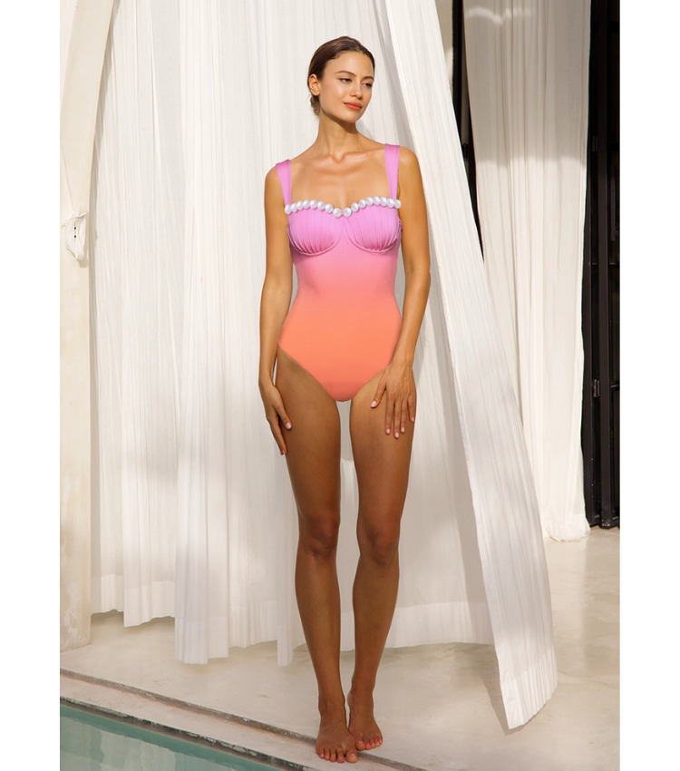 Sling Artificial Pearl Decor Color Block One Piece Swimsuit and Skirt