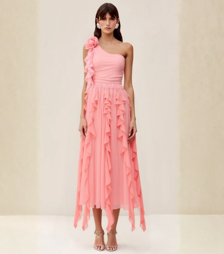 Light Coral One shoulder 3D flowers Swimsuit Set(s)