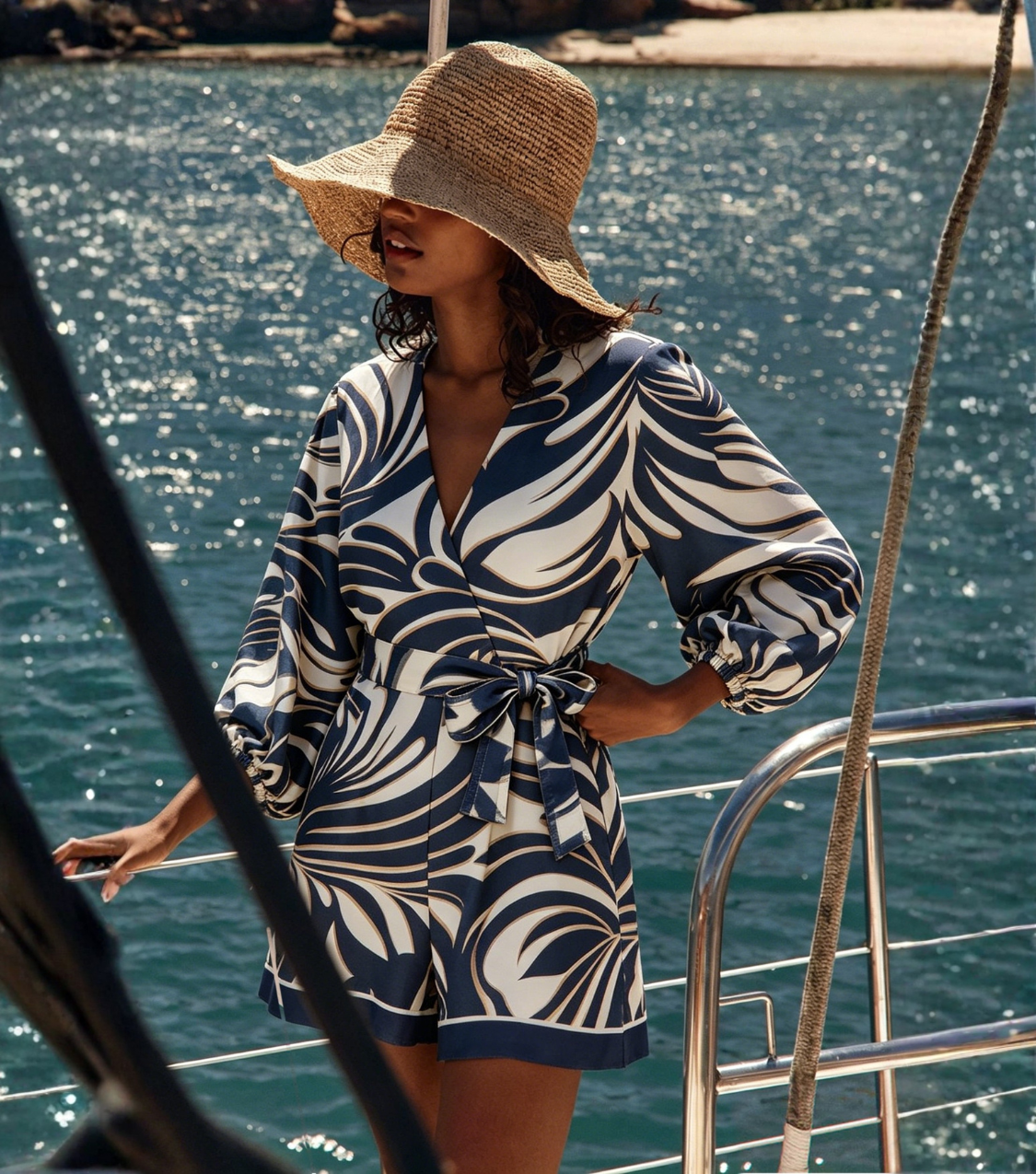 Blue Swirl Print Balloon Sleeve Wrap Romper