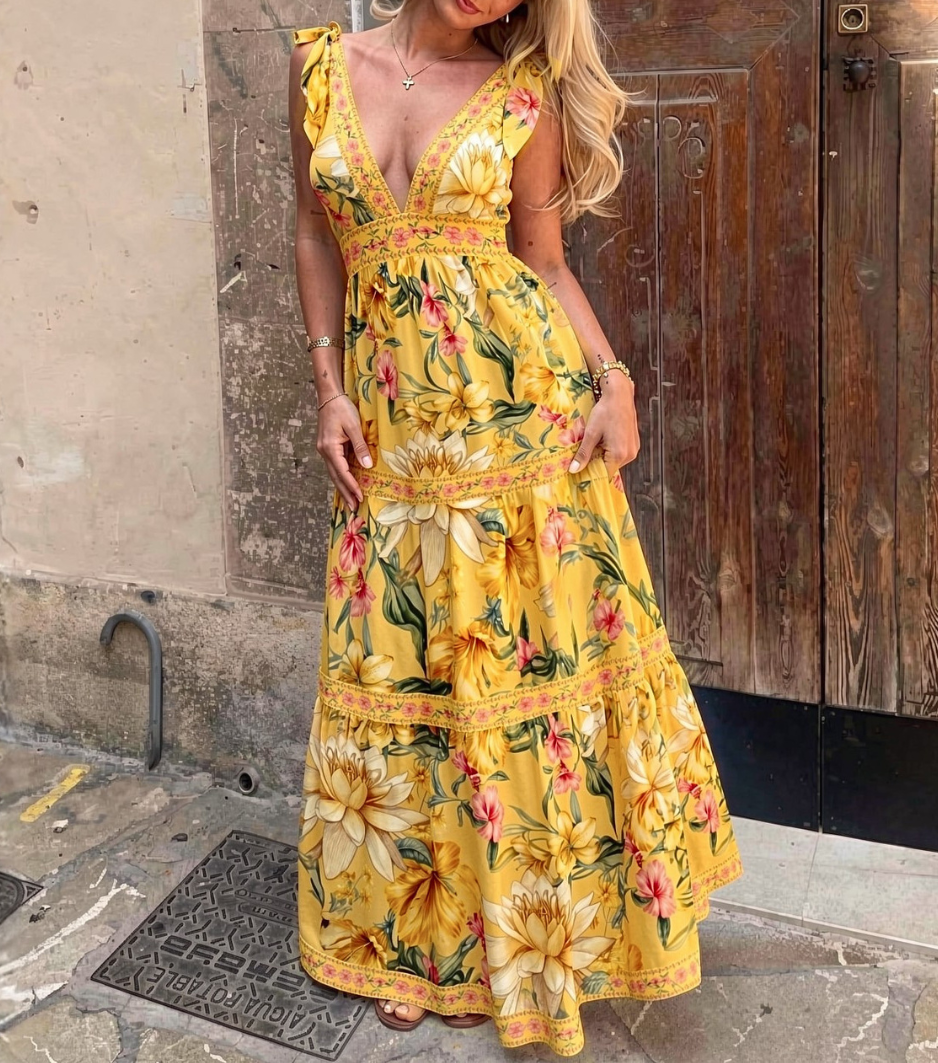 Yellow Lotus Floral Deep V Tiered Maxi Dress