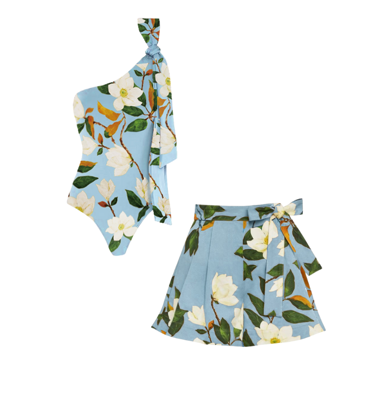 Magnolia Printed One Shoulder One Piece Swimsuit and Skirt