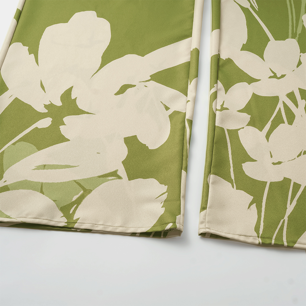 V Neck Long Sleeve Flower Print One Piece Swimsuit and Pants