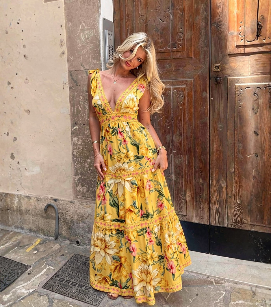 Yellow Lotus Floral Deep V Tiered Maxi Dress