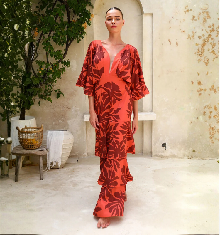 Ruffle Dolman Sleeve Printed Dress